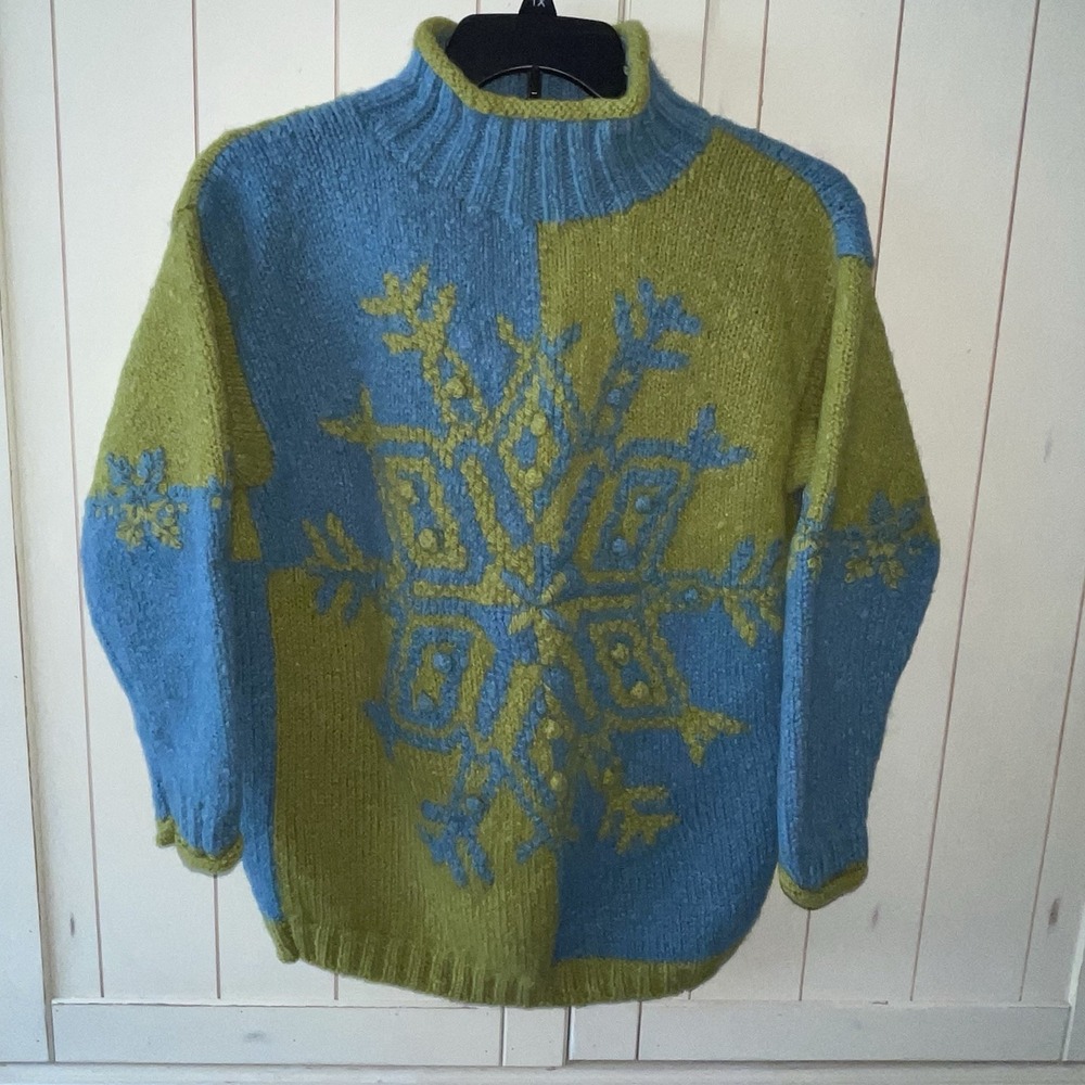 VTG Express Tricot Handknitted Wool Sweater Color Block Green & Blue Womens M